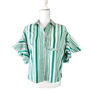 A New Day Women’s Green Striped Cotton Ruffle Button Up Pocket Top, Size Medium